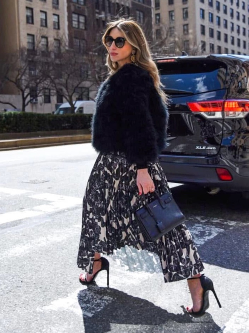 Helmut Lang Black and White High-Low Pleated Skirt